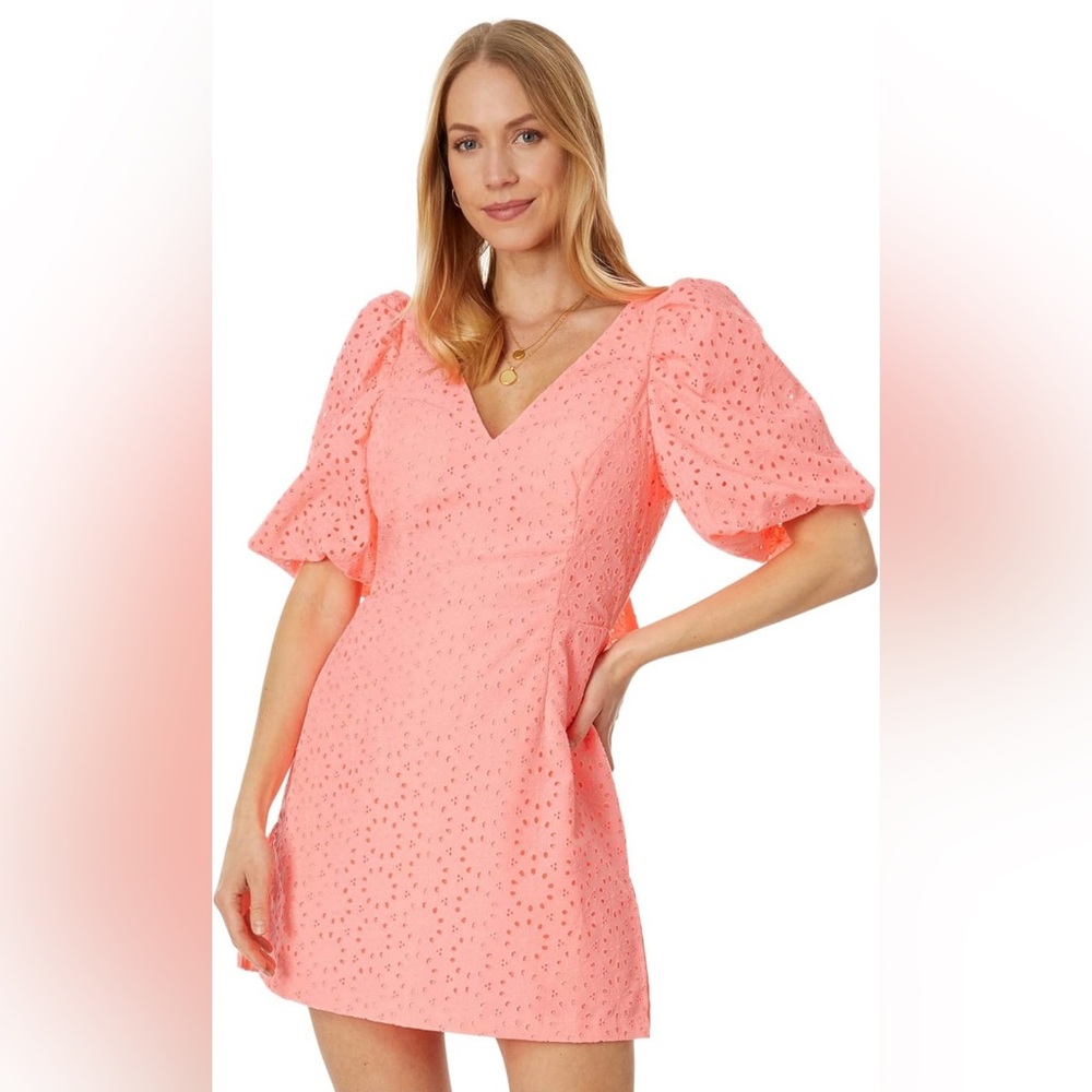 Lilly Pulitzer Celestina V-Neck Romper, Sunrise Coral Neon Sunburst Eyelet